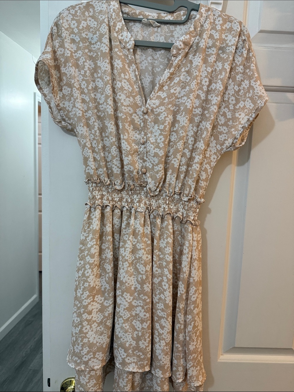Sienna Sky Beige and White Floral Smocked-Waist Dress